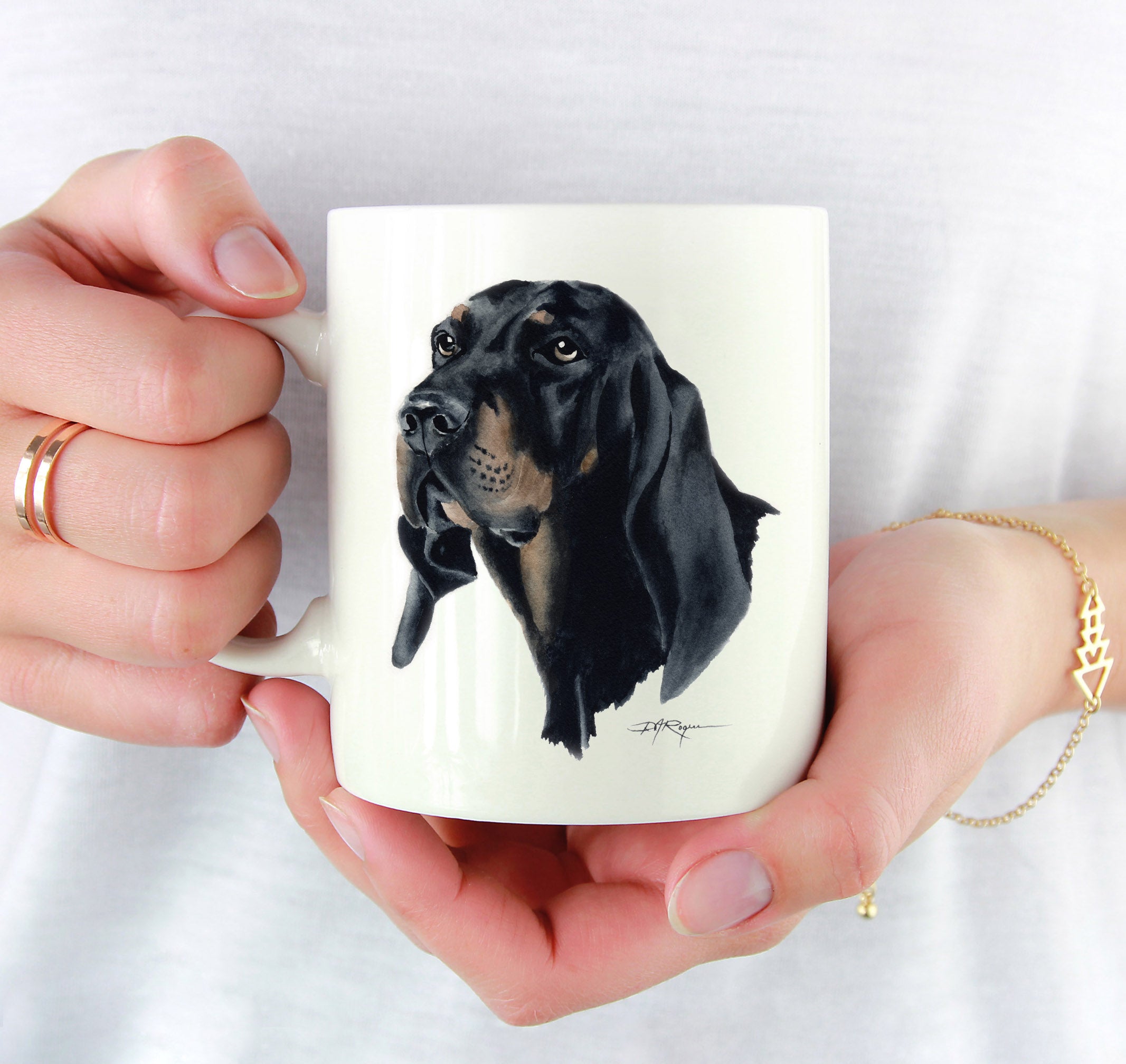 Black Tan Coonhound Watercolor Mug Art by Artist DJ Rogers
