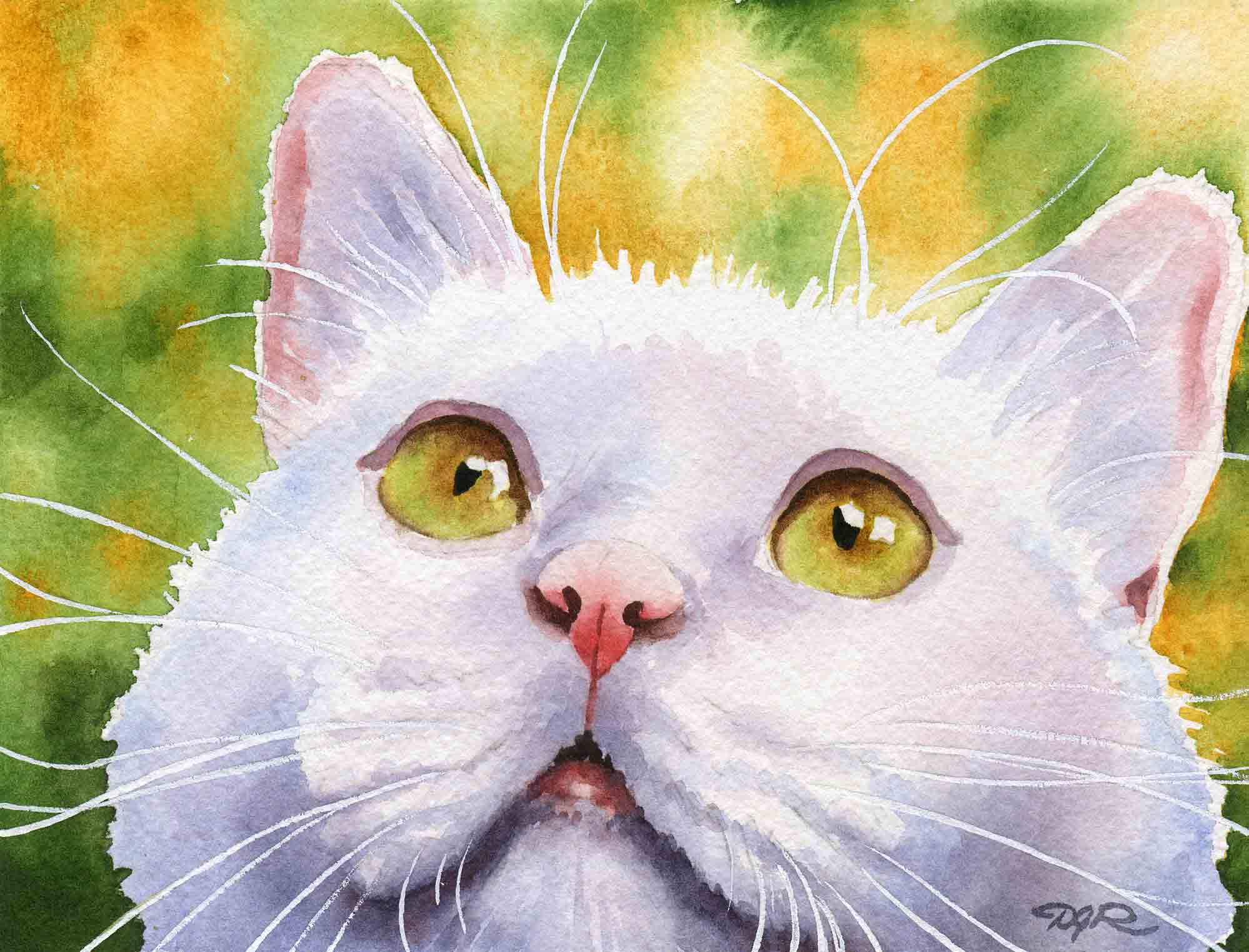 White Cat Contemporary Watercolor Cat Art Print by Artist DJ Rogers
