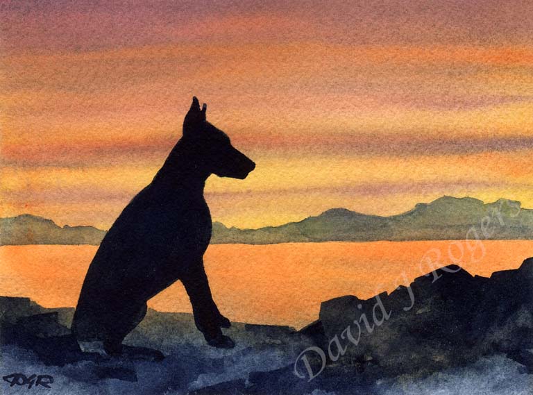 A Doberman Pincher sunset print based on a David J Rogers original watercolor