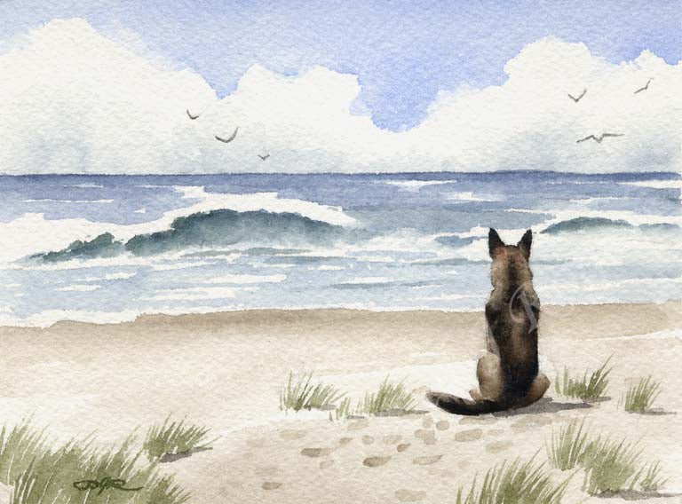 A German Shepherd beach print based on a David J Rogers original watercolor