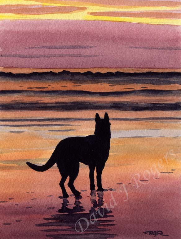 A German Shepherd sunset print based on a David J Rogers original watercolor