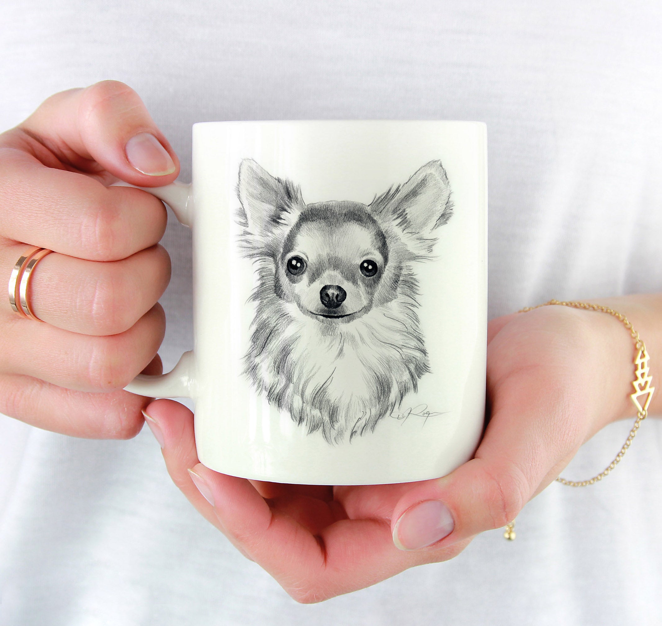 Long Coat Chihuahua Pencil Mug Art by Artist DJ Rogers