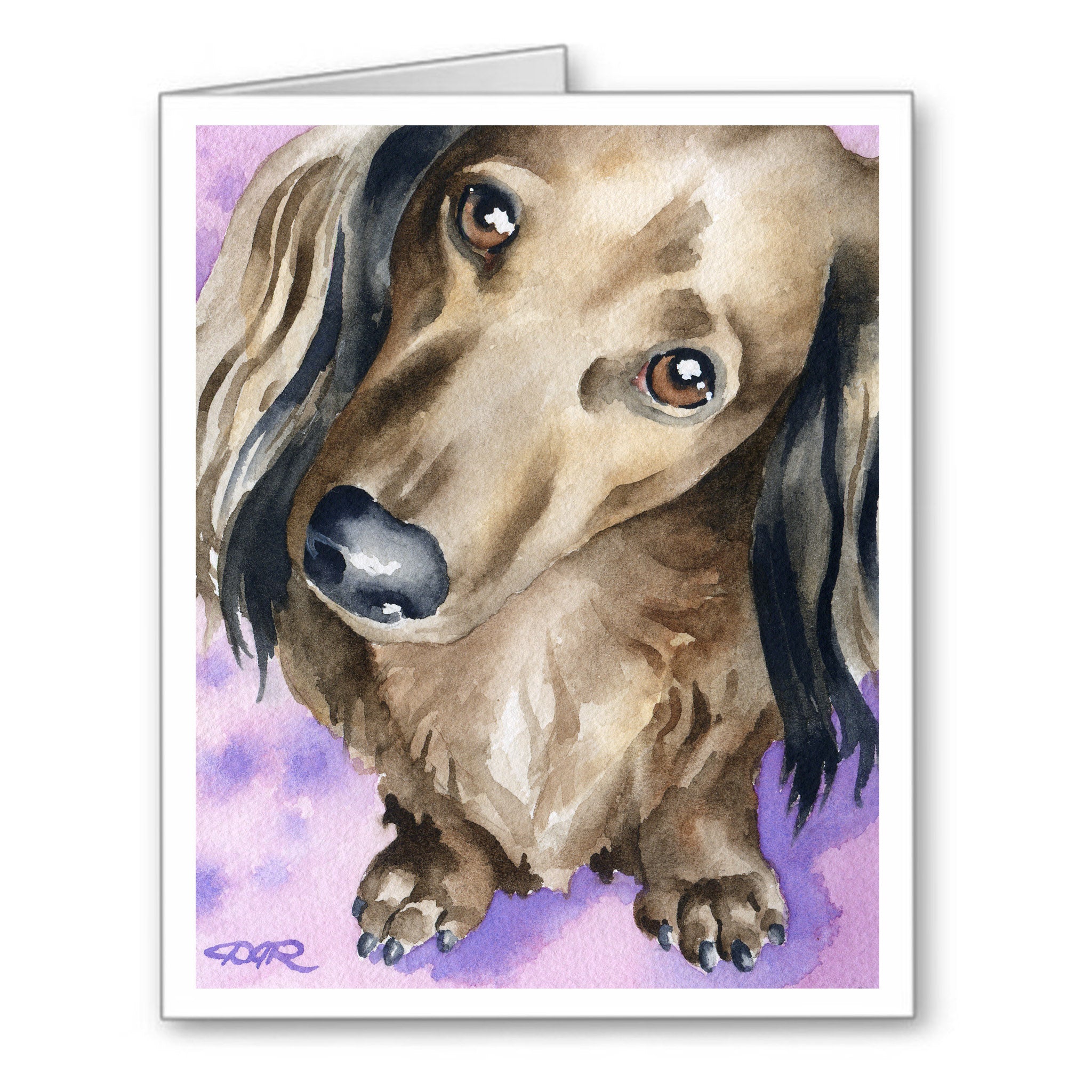 Long Haired Dachshund Watercolor Note Card Art by Artist DJ Rogers