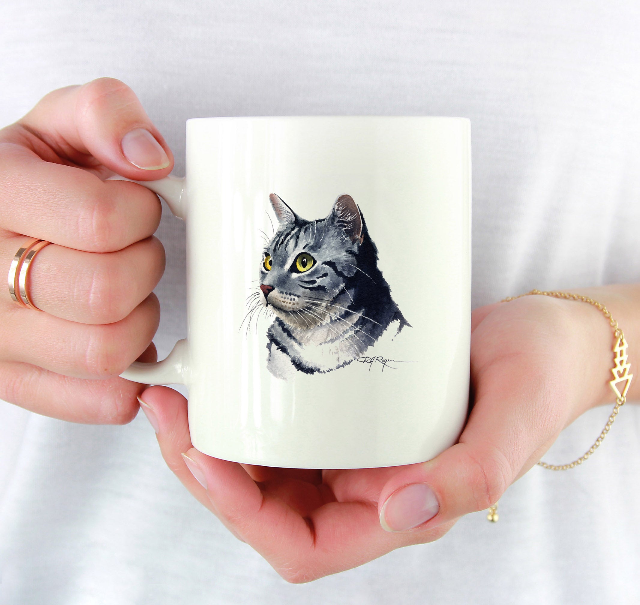 Silver Tabby Cat Traditional Watercolor Mug Art by Artist DJ Rogers