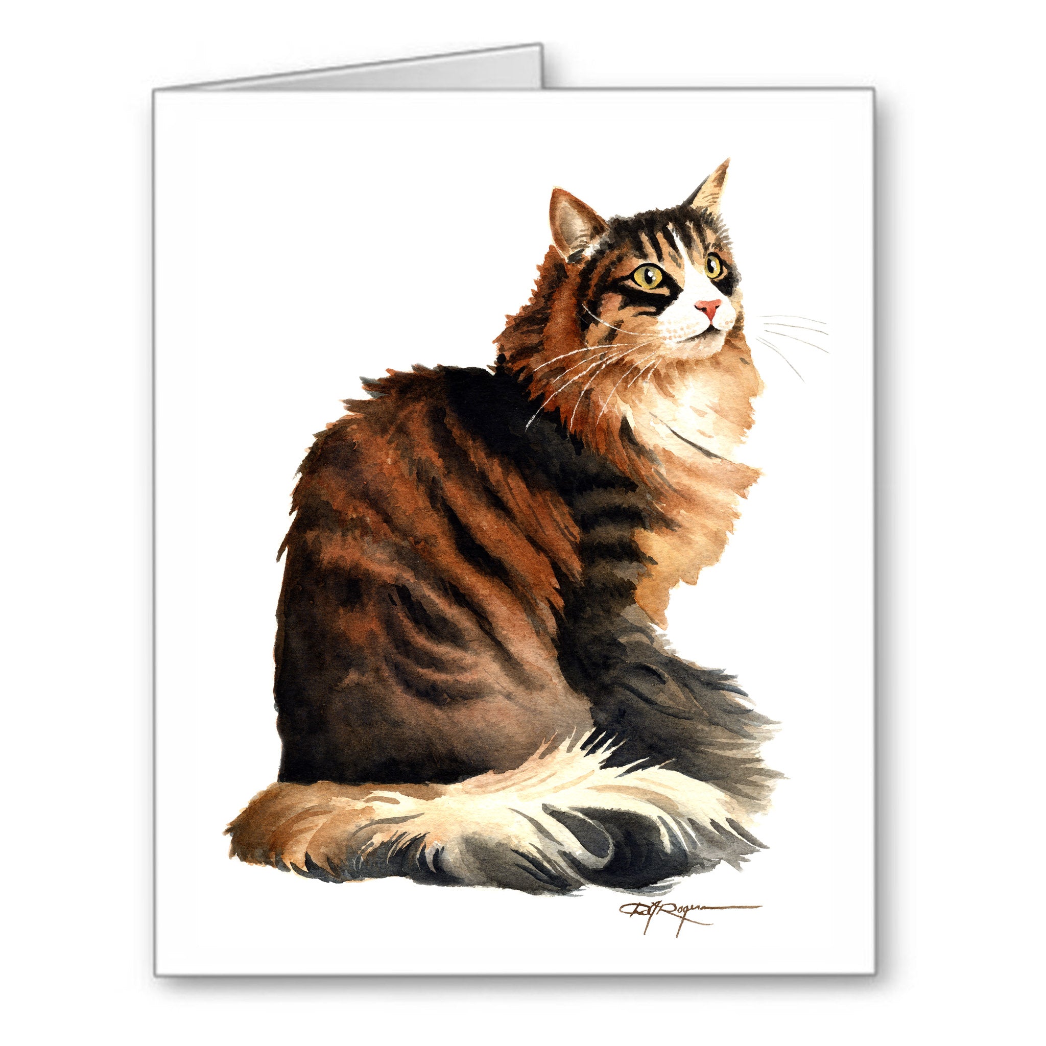 Norwegian Forest Cat Traditional Watercolor Note Card Art by Artist DJ Rogers