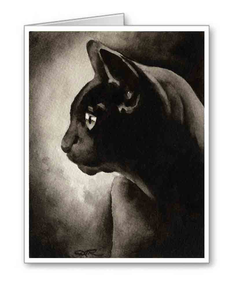 Black Cat Sepia Watercolor Note Card Art by Artist DJ Rogers