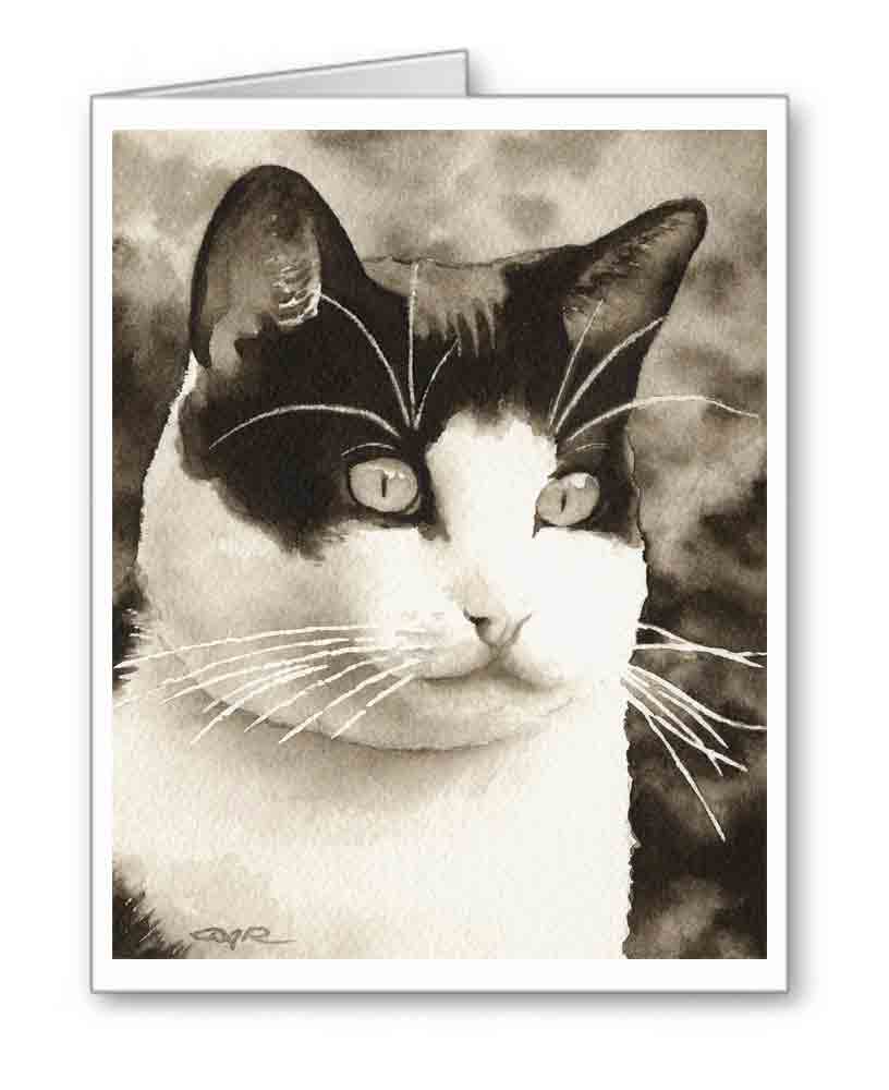 Tuxedo Cat Sepia Watercolor Note Card Art by Artist DJ Rogers