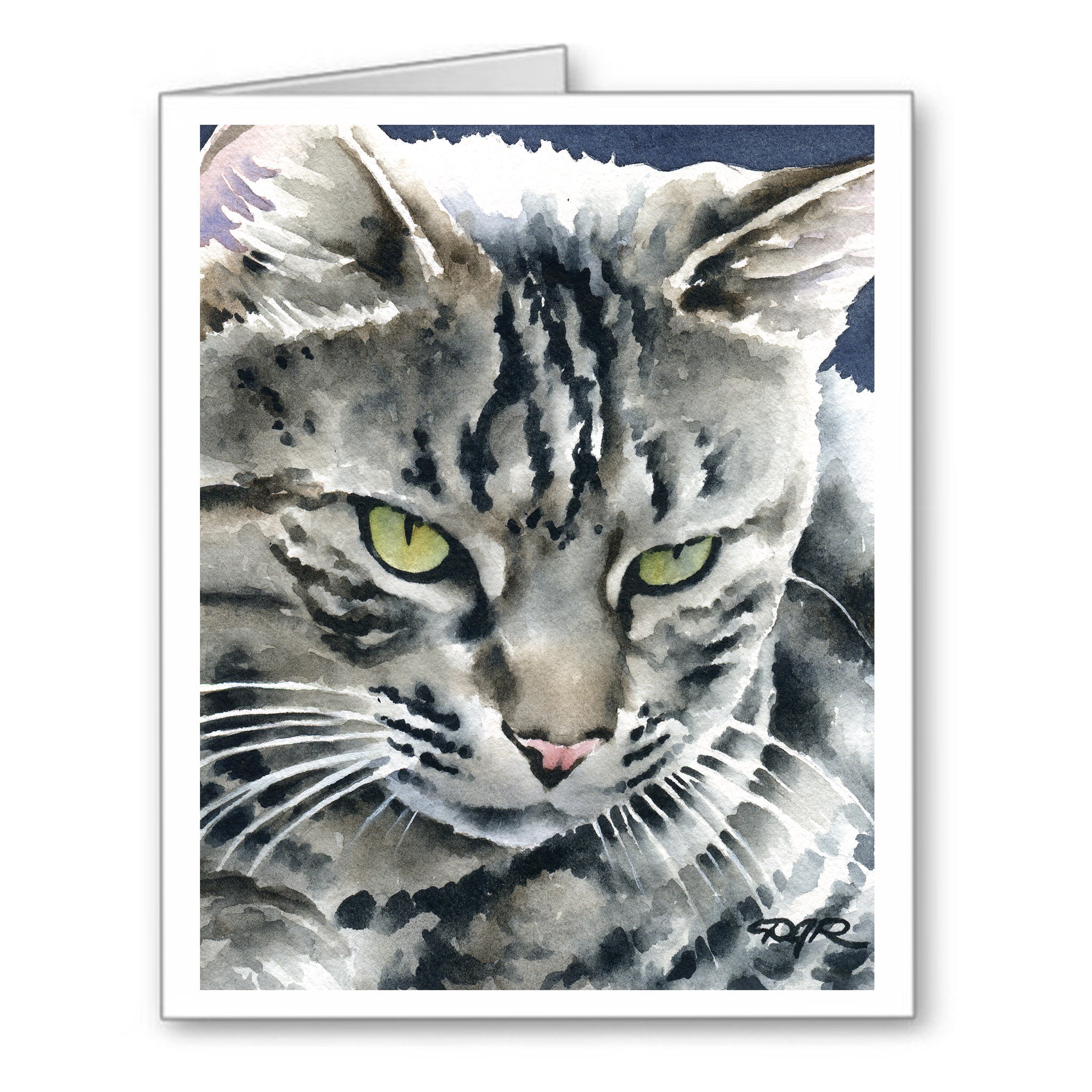 Silver Tabby Cat Watercolor Note Card Art by Artist DJ Rogers