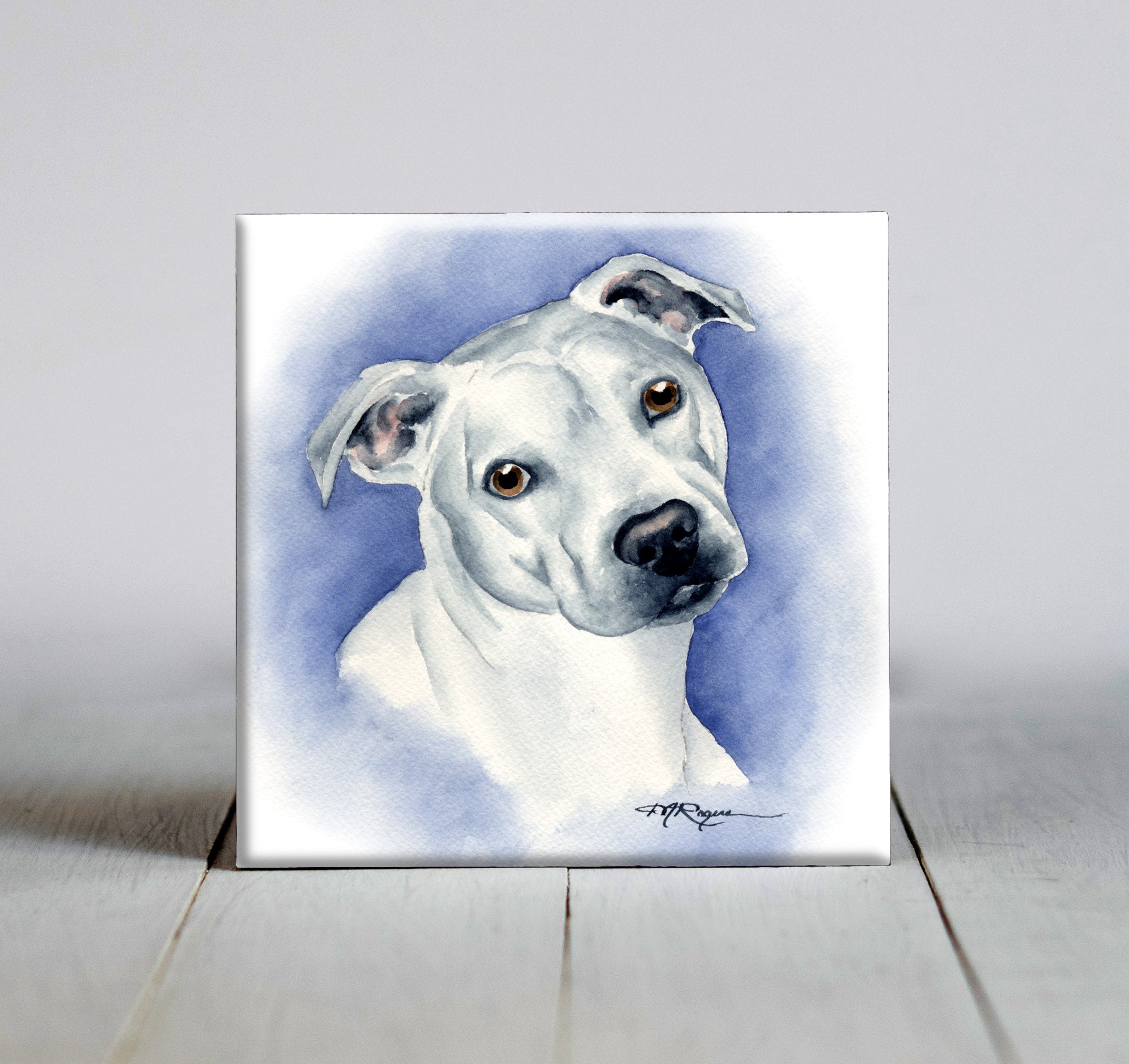 American Pit Bull Terrier Traditional Watercolor Dog Art Decorative Tile by Artist DJ Rogers