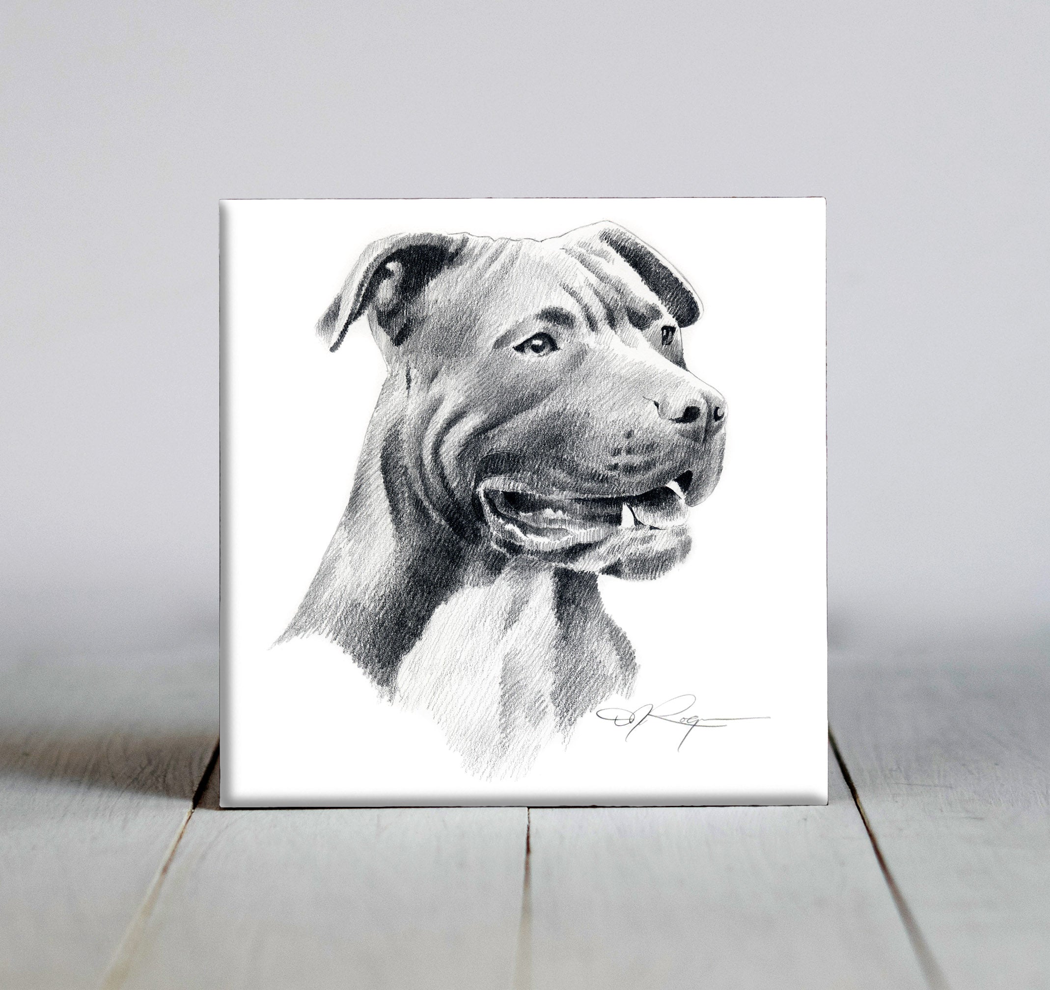 American Pit Bull Terrier Pencil Dog Art Decorative Tile by Artist DJ Rogers