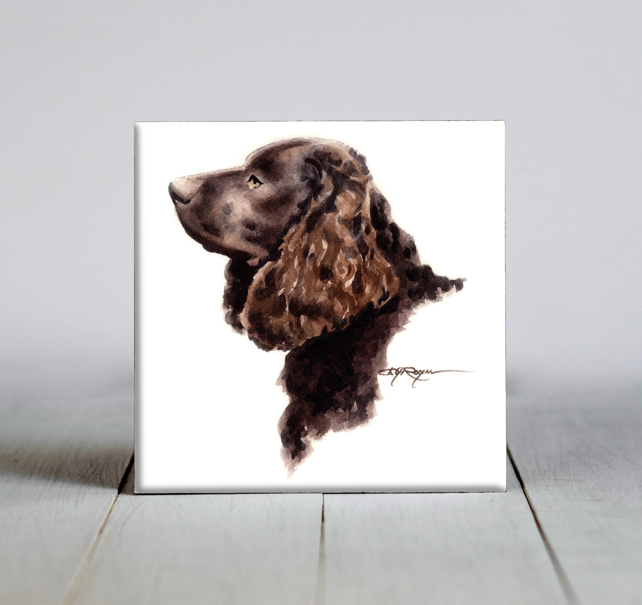 American Water Spaniel Traditional Watercolor Dog Art Decorative Tile by Artist DJ Rogers