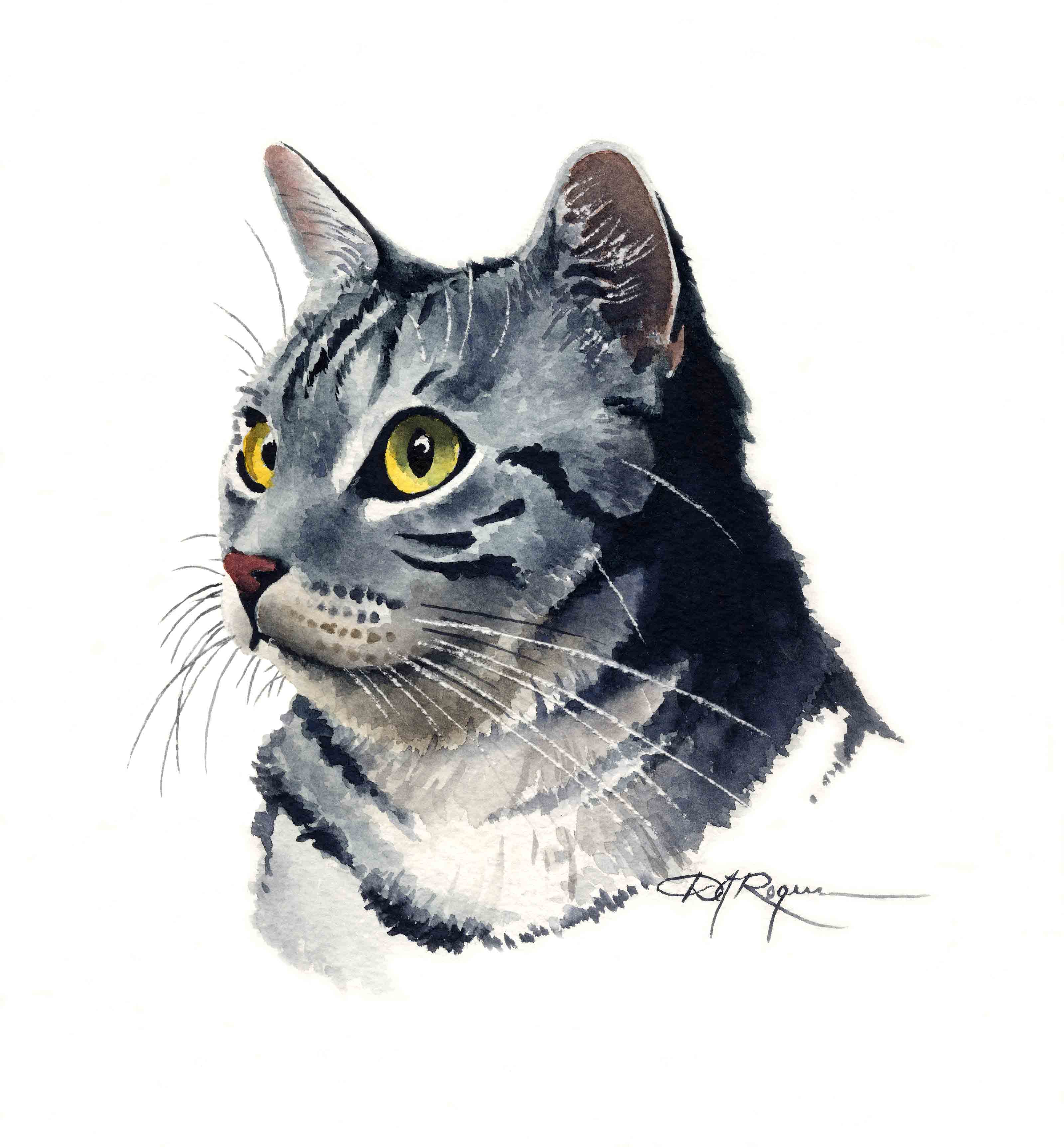Silver Tabby Cat Traditional Watercolor Cat Art Print by Artist DJ Rogers
