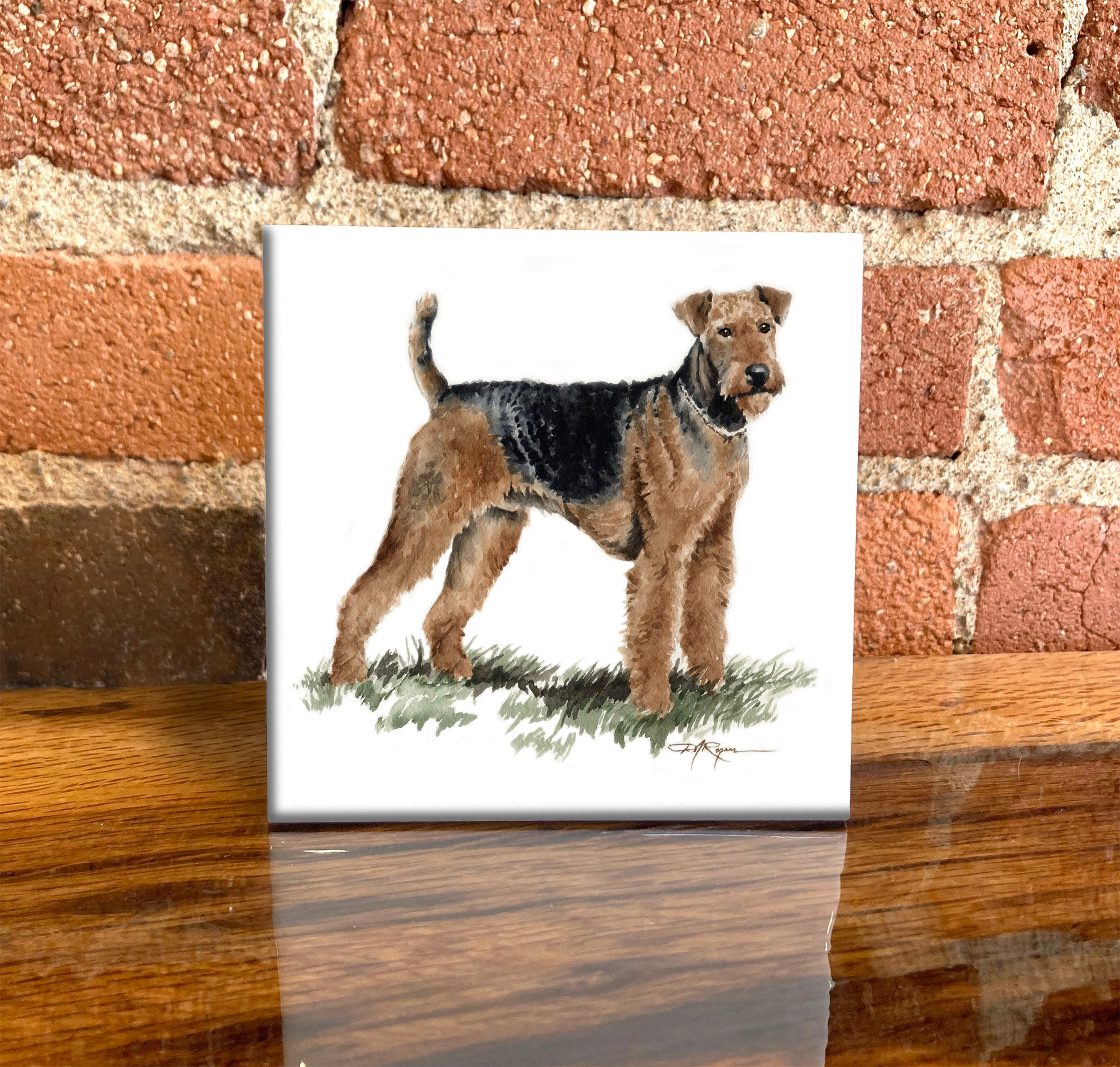 Airedale Terrier Traditional Watercolor Dog Art Decorative Tile by Artist DJ Rogers