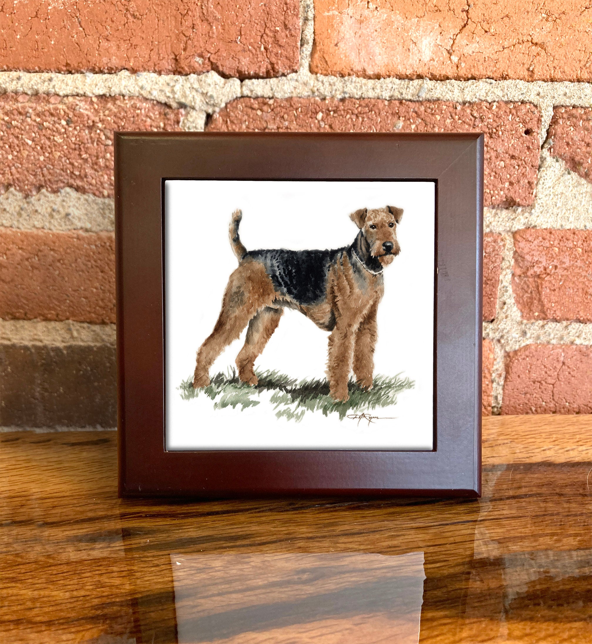 Airedale Terrier Traditional Watercolor Dog Art Decorative Tile by Artist DJ Rogers