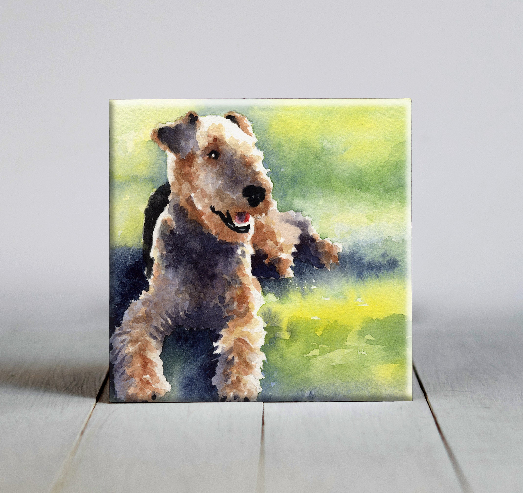 Airedale Terrier Contemporary Watercolor Dog Art Decorative Tile by Artist DJ Rogers