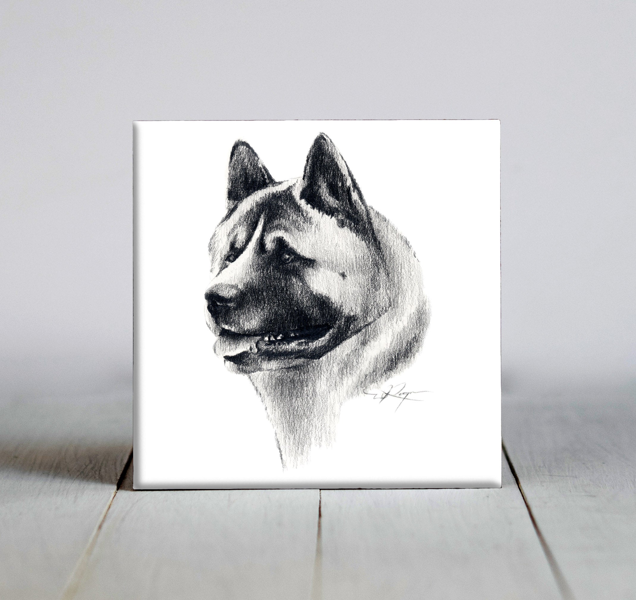 Akita Pencil Dog Art Decorative Tile by Artist DJ Rogers