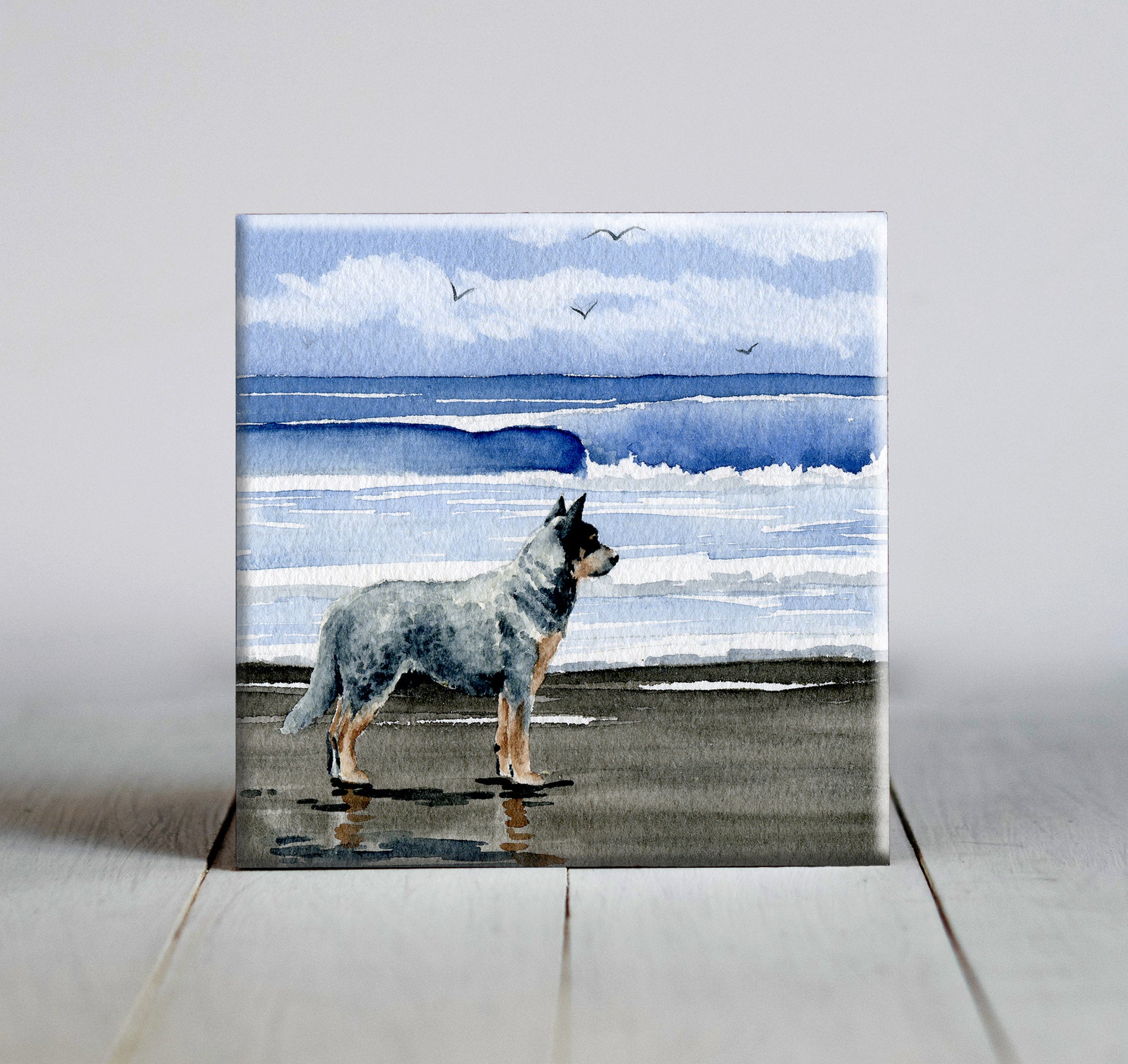 Australian Cattle Dog Contemporary Watercolor Dog Art Decorative Tile by Artist DJ Rogers