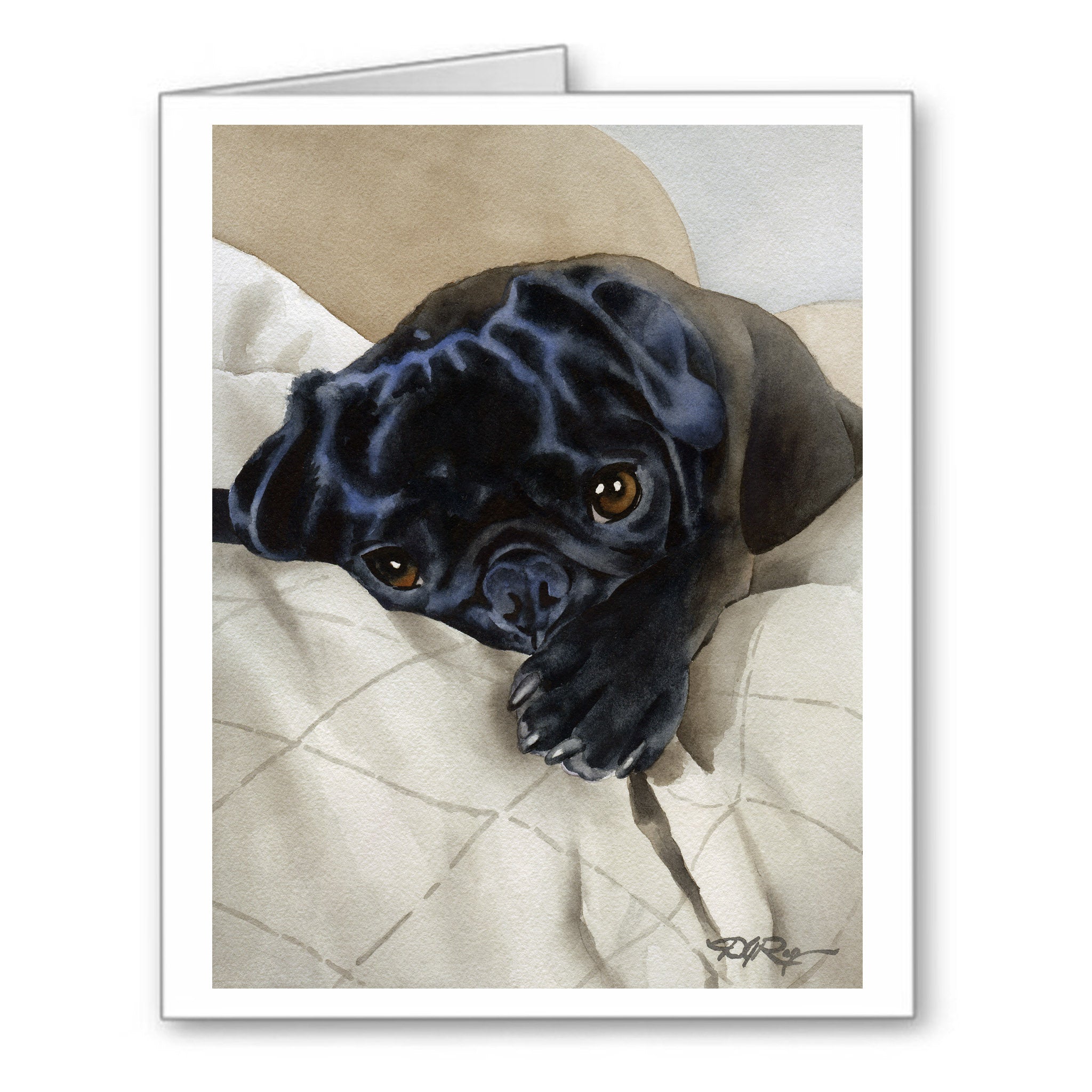 Black Pug Watercolor Note Card Art by Artist DJ Rogers