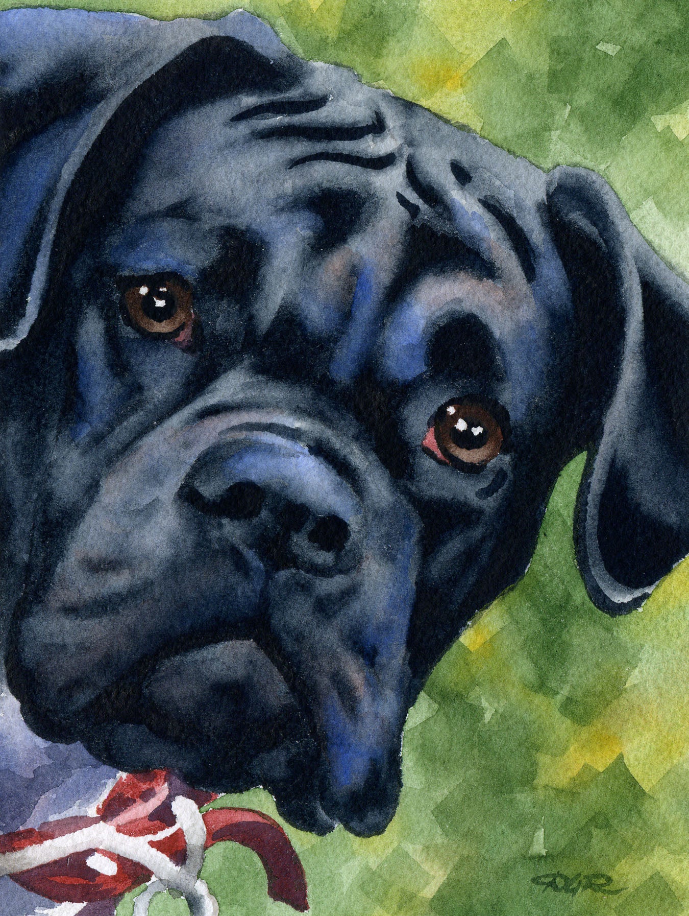 Black Boxer Contemporary Watercolor Dog Art Print by Artist DJ Rogers