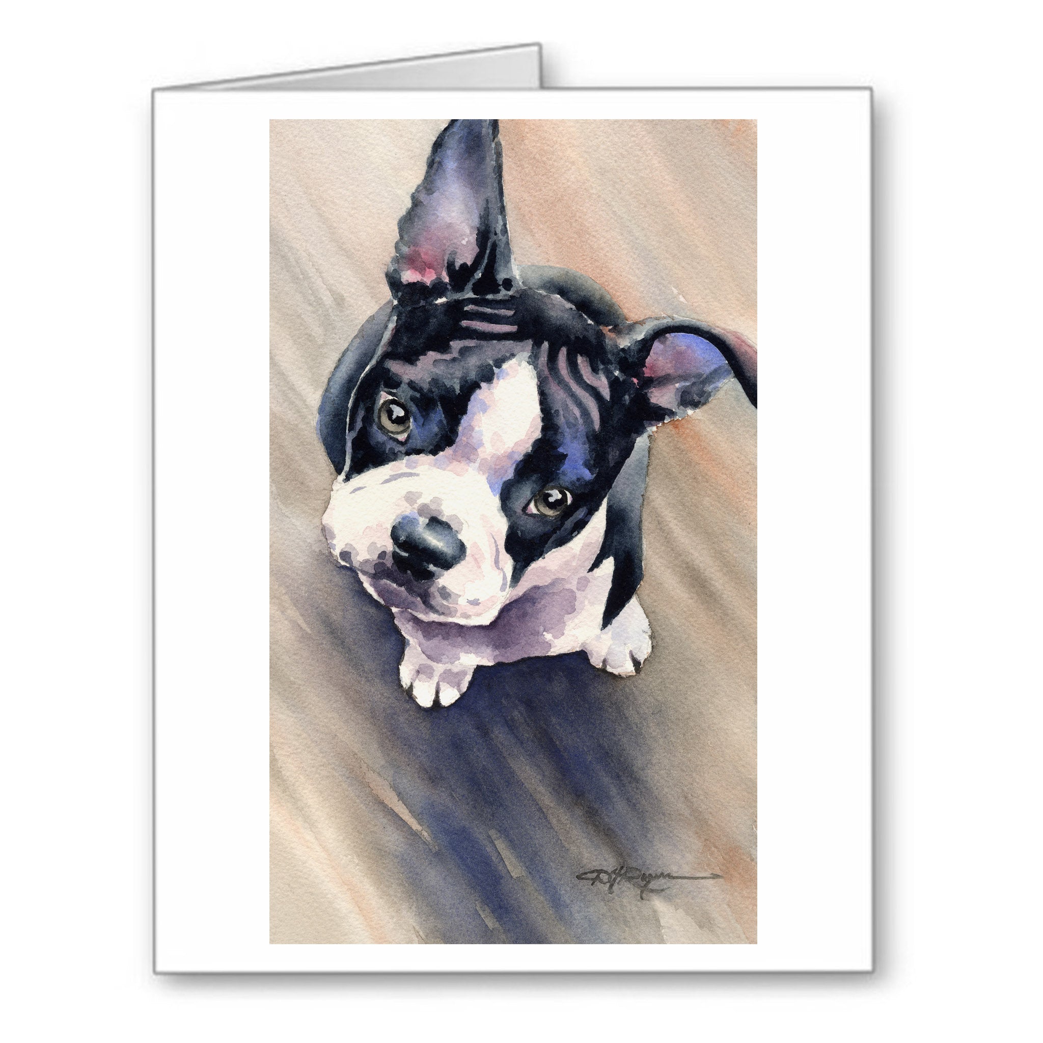 Boston Terrier Watercolor Note Card Art by Artist DJ Rogers