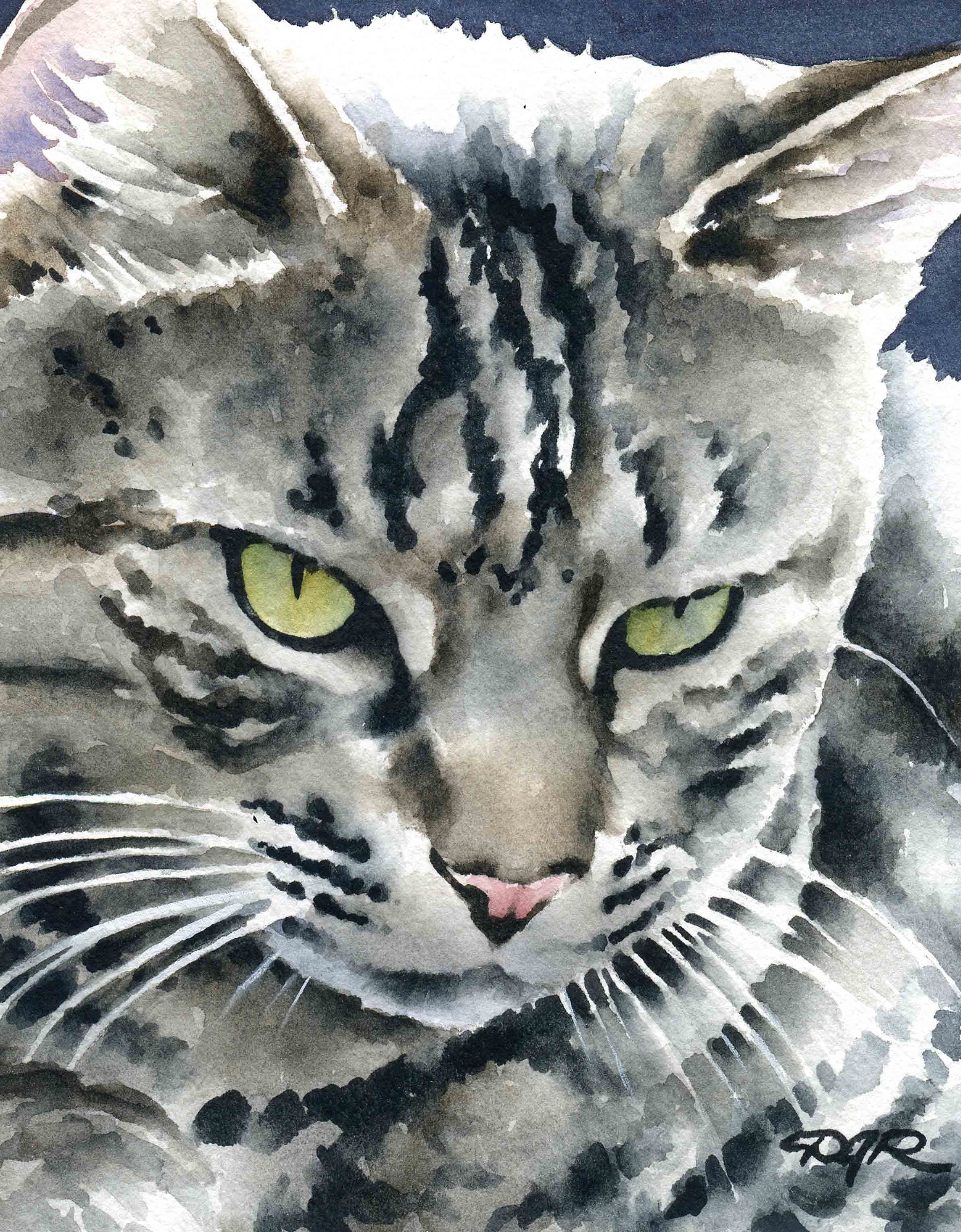 Tabby Cat Art Print, Tiger Cat Print, Striped Tabby Cat Art, Gray and Black  Tabby Cat Watercolor, Tiger Cat Portrait by P. Tarlow 