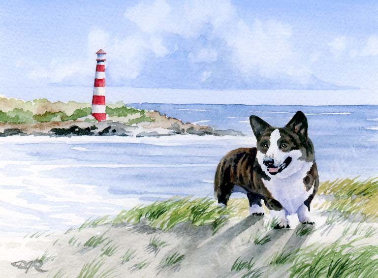 A Cardigan Welsh Corgi beach print based on a David J Rogers original watercolor