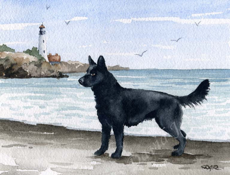 A German Shepherd beach print based on a David J Rogers original watercolor