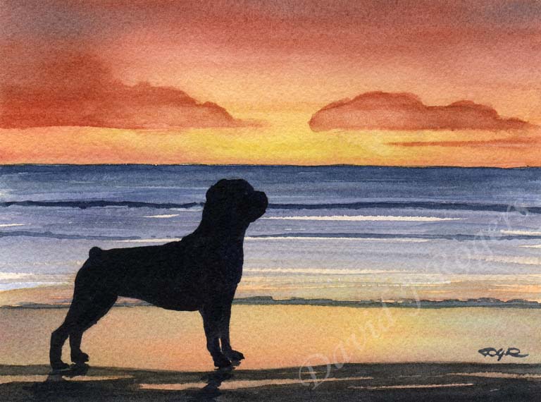 A Rottweiler sunset print based on a David J Rogers original watercolor