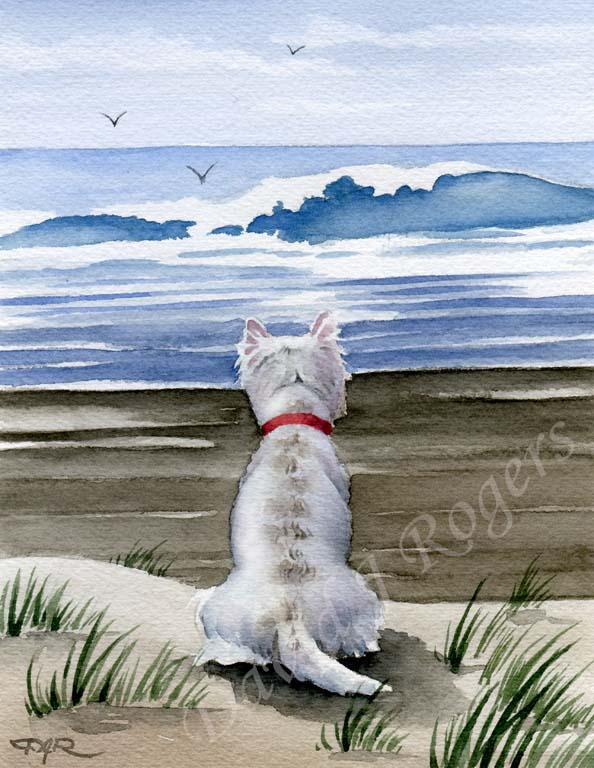 A West Highland Terrier beach print based on a David J Rogers original watercolor