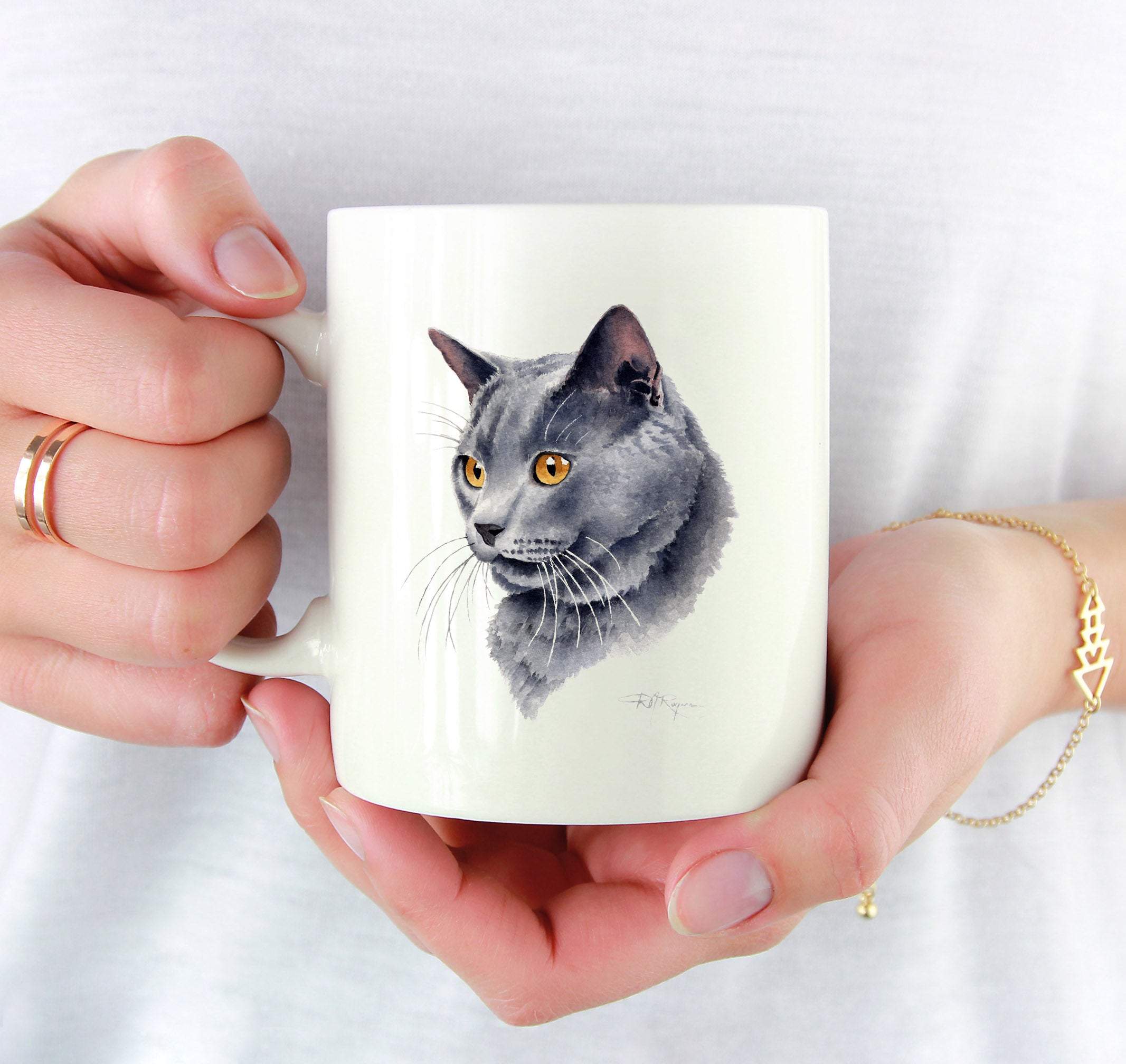 Grey Cat Traditional Watercolor Mug Art by Artist DJ Rogers