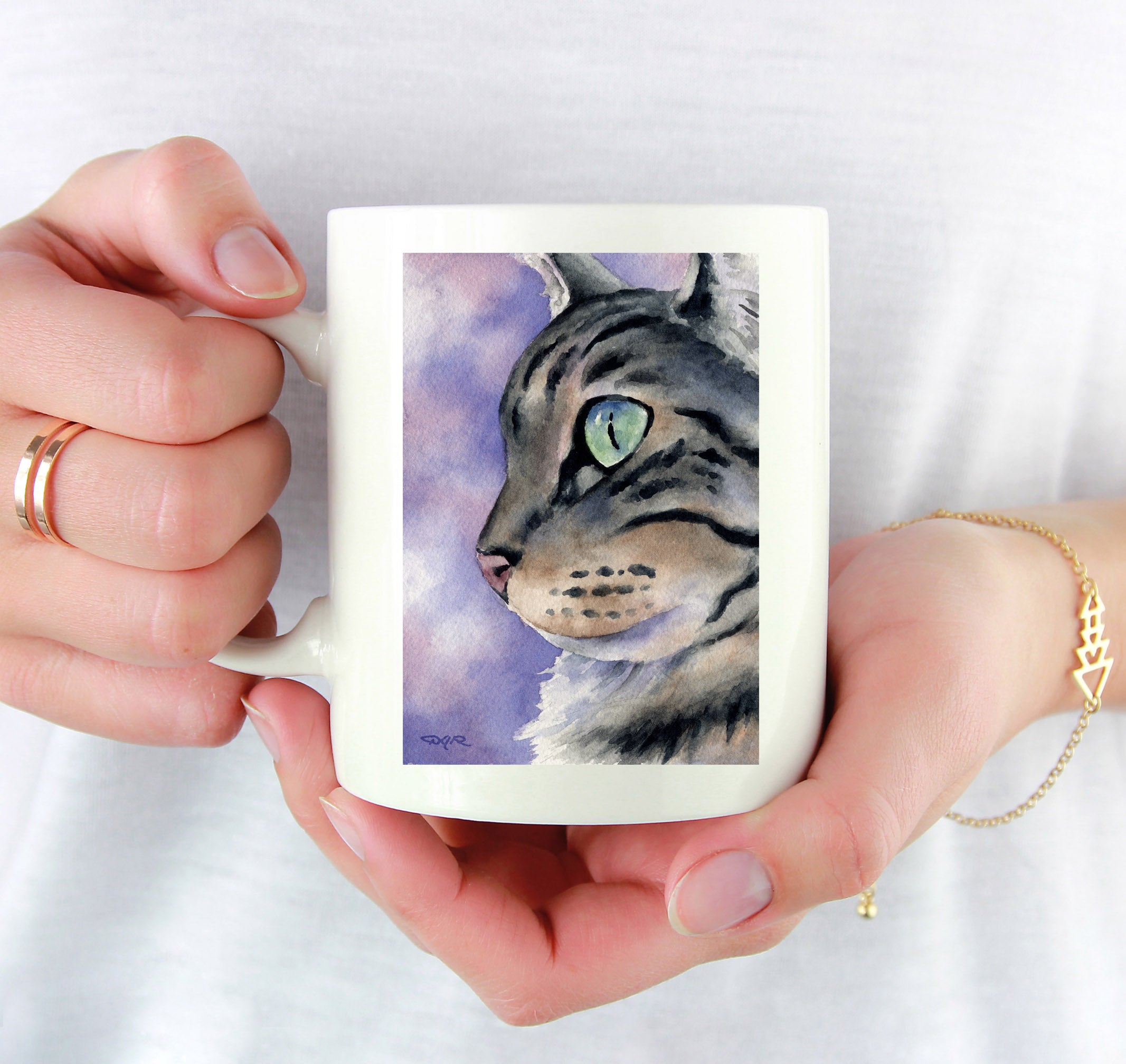 Silver Tabby Cat Watercolor Mug Art by Artist DJ Rogers