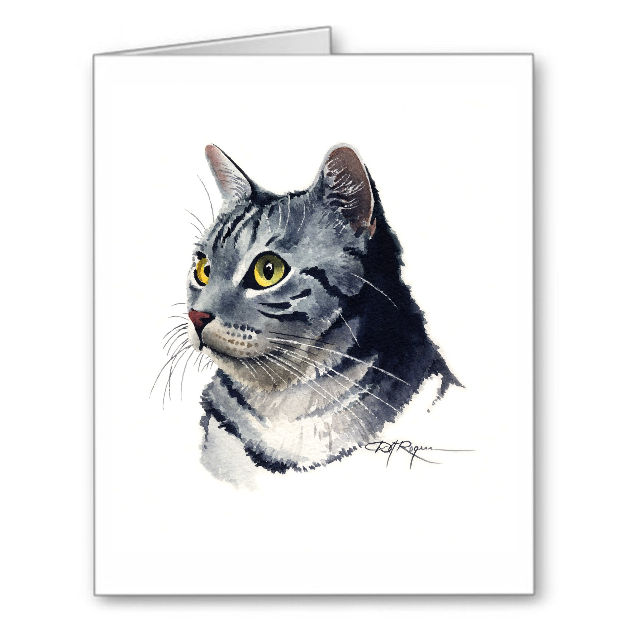 Silver Tabby Cat Traditional Watercolor Note Card Art by Artist DJ Rogers