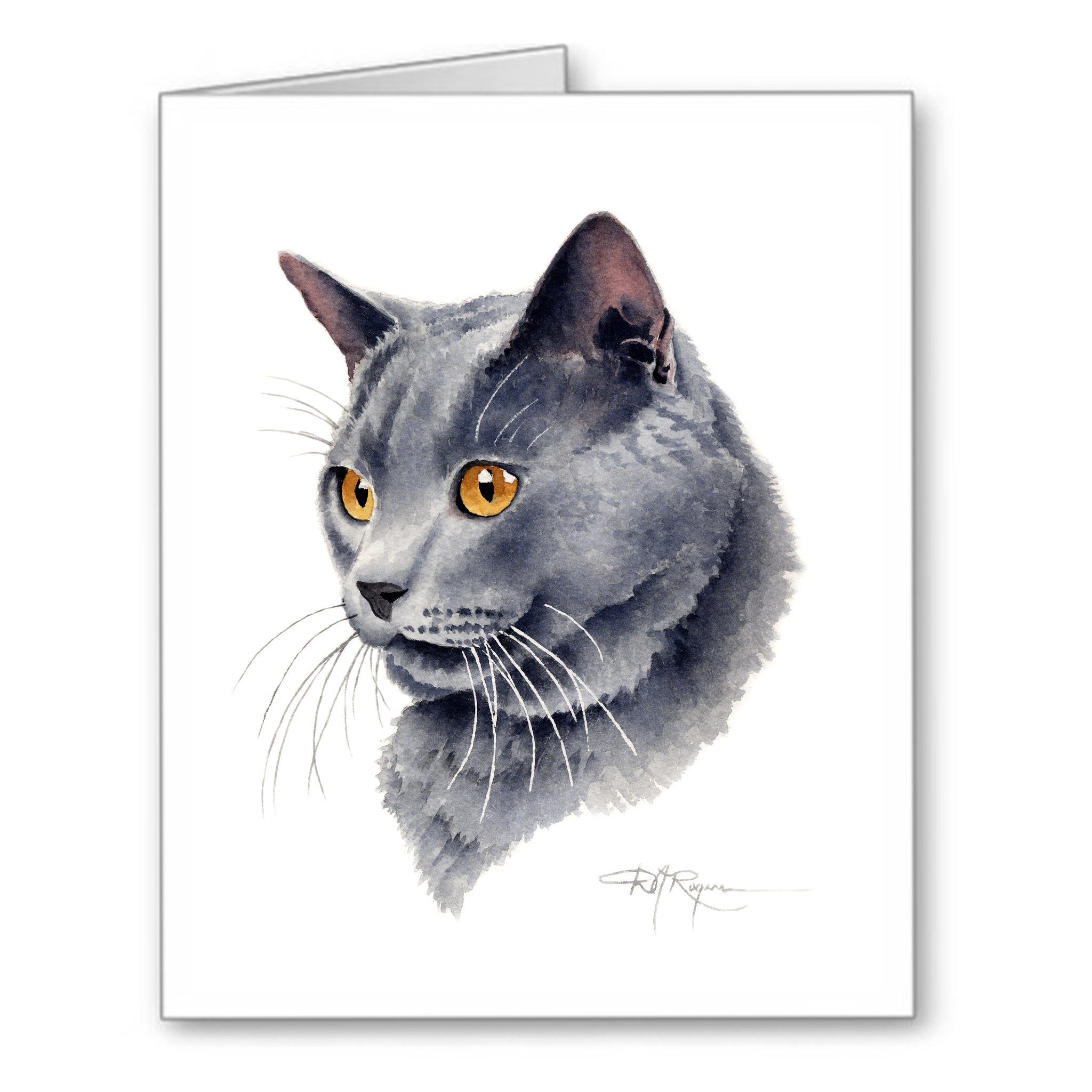 Grey Cat Traditional Watercolor Note Card Art by Artist DJ Rogers