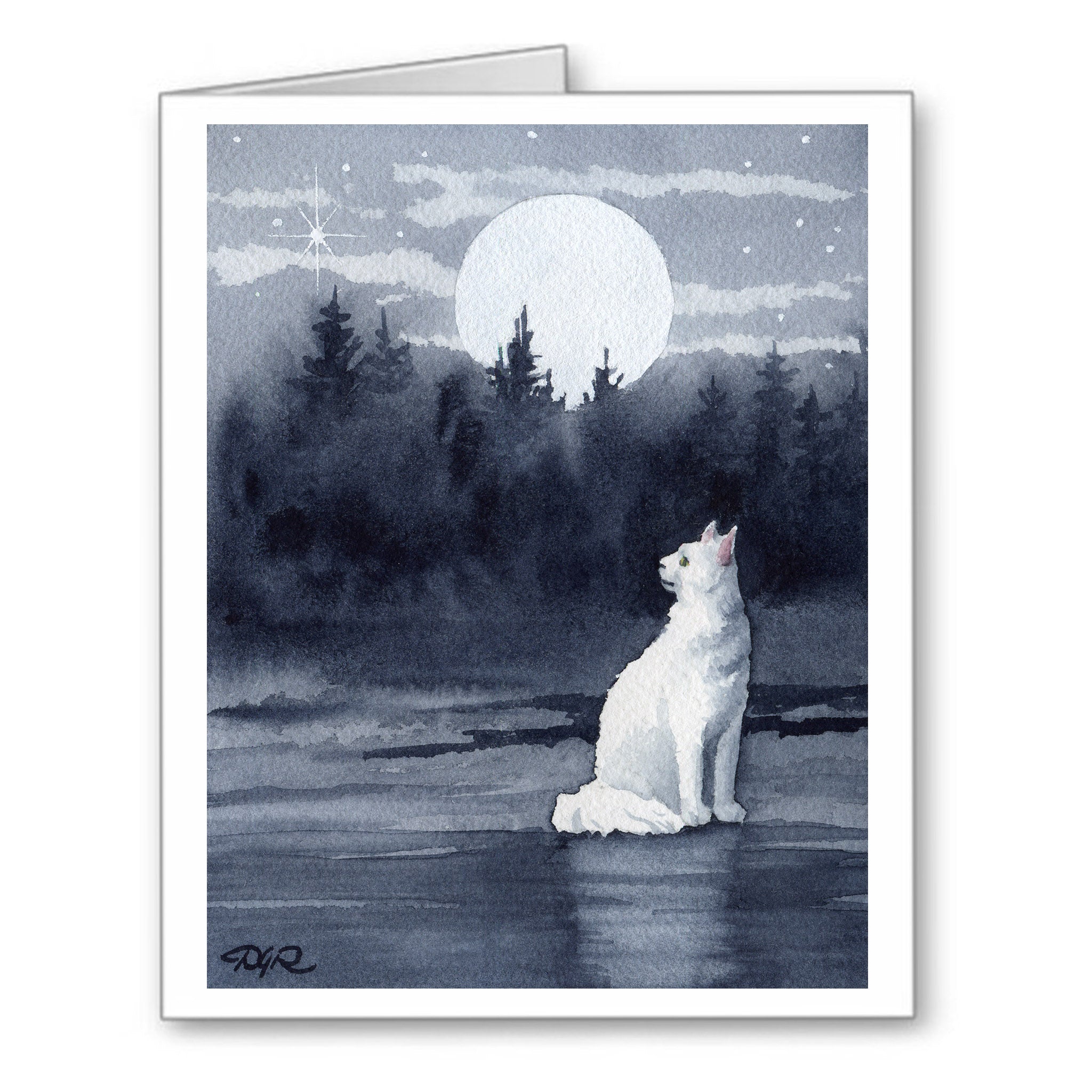 White Cat Watercolor Note Card Art by Artist DJ Rogers