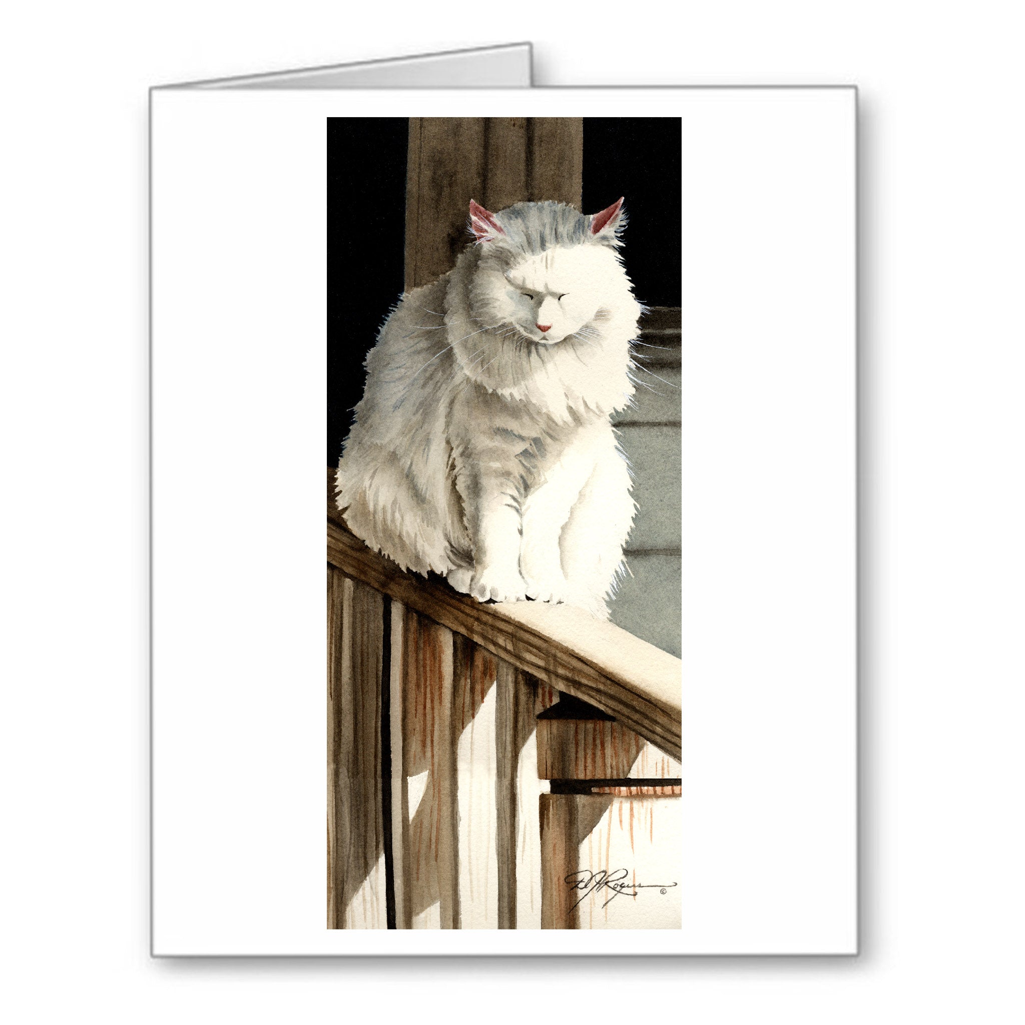 Cat Nap White Cat Watercolor Note Card Art by Artist DJ Rogers