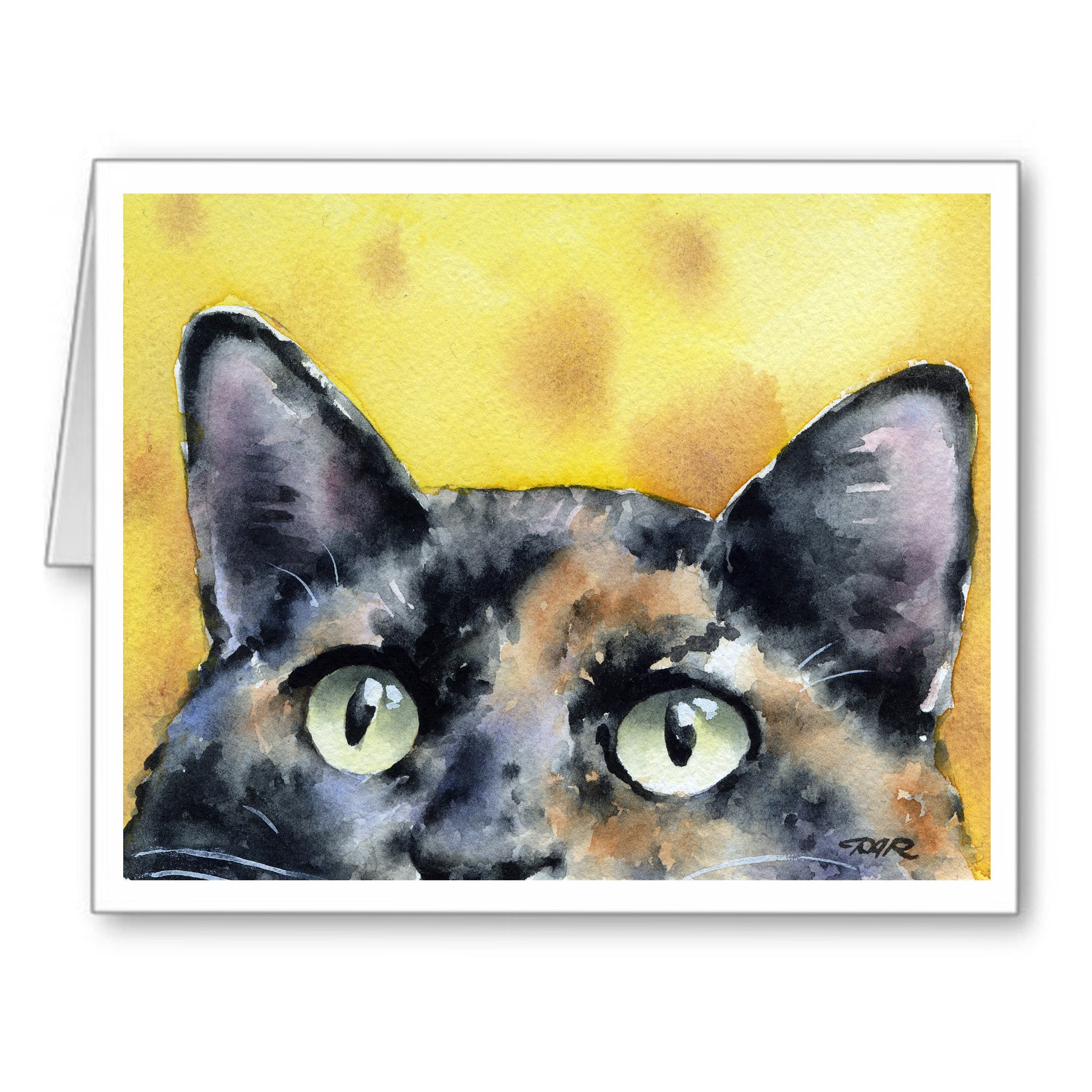 Tortoiseshell Cat Watercolor Note Card Art by Artist DJ Rogers