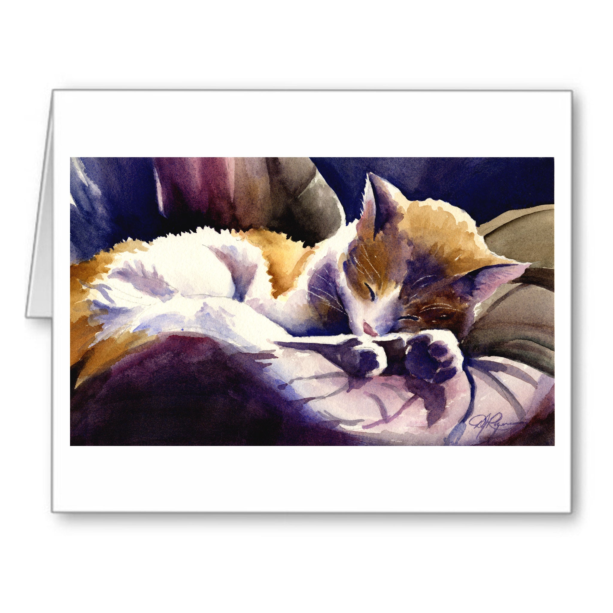 Cat Nap Calico Cat Watercolor Note Card Art by Artist DJ Rogers