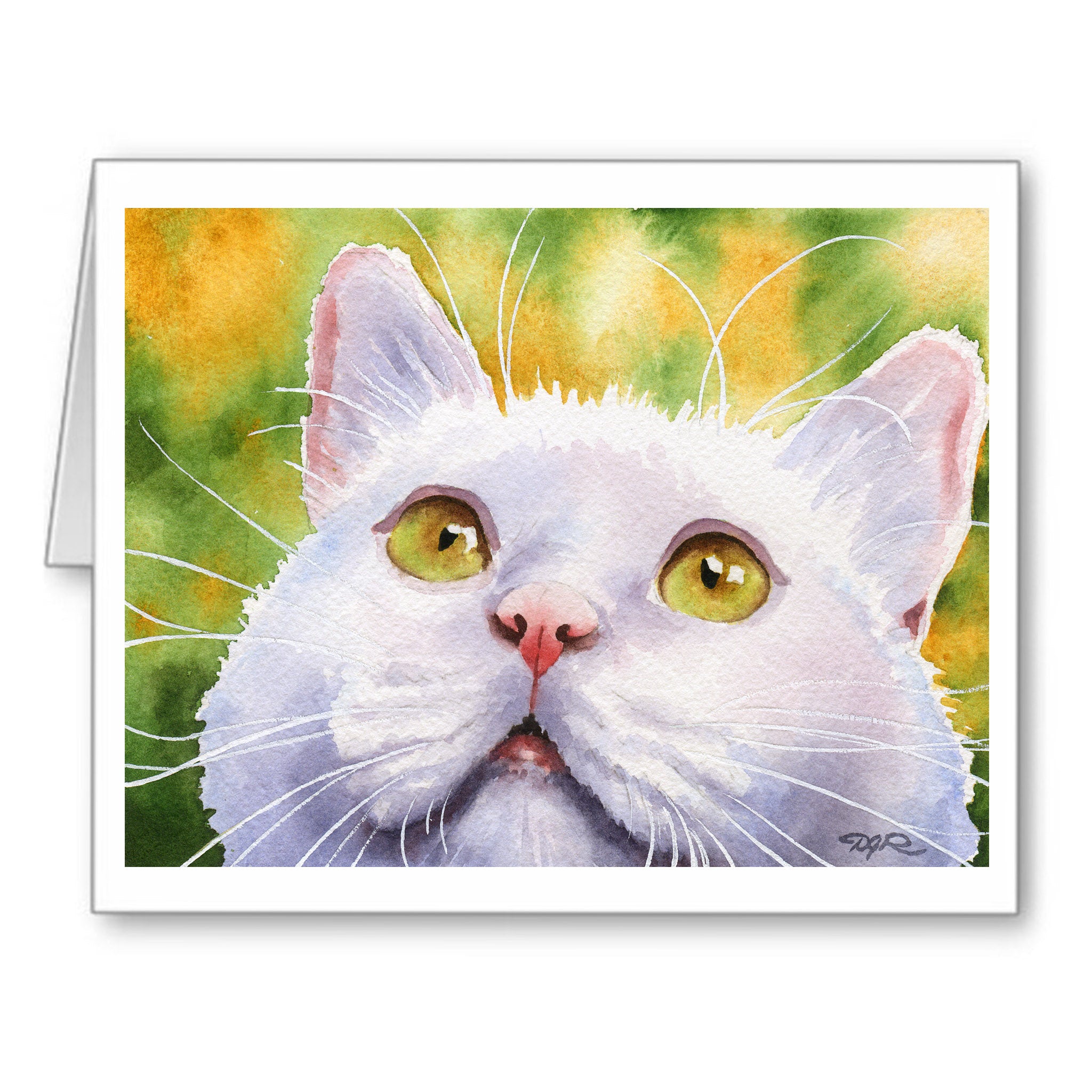 White Cat Watercolor Note Card Art by Artist DJ Rogers