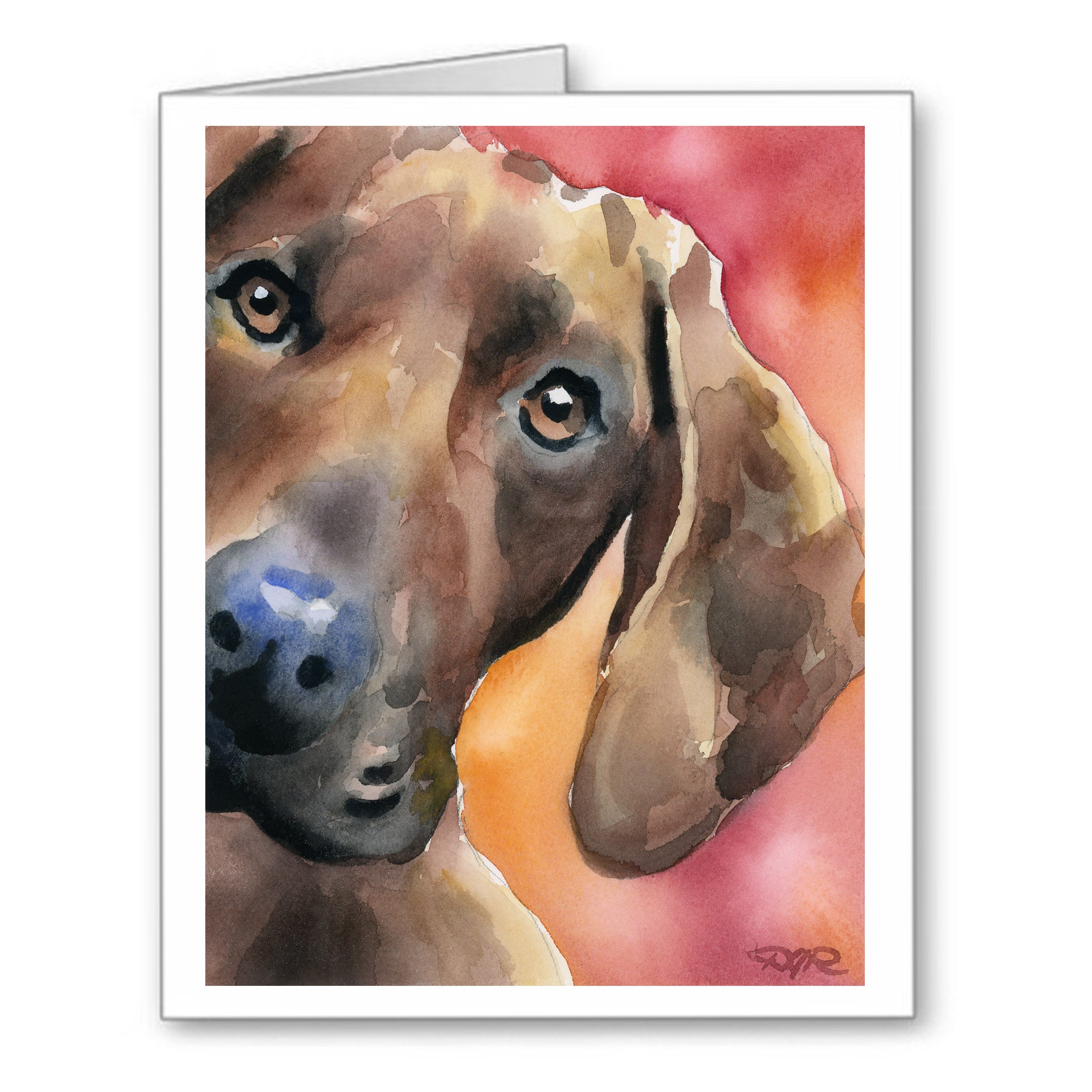 Redbone Coonhound Watercolor Note Card Art by Artist DJ Rogers